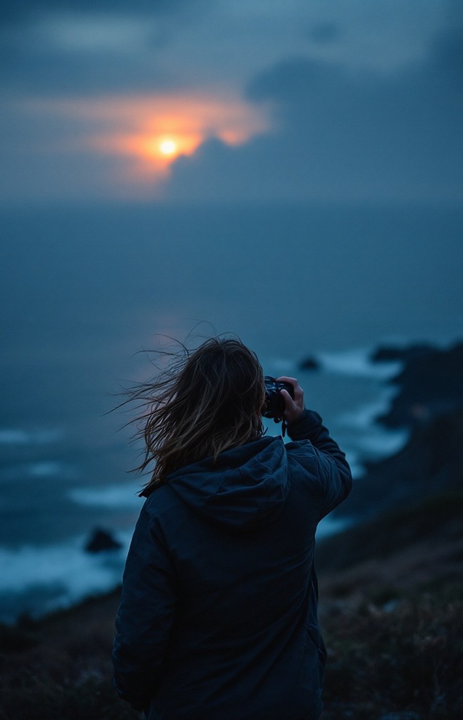 Bogen at work — camera raised on a coastal overlook at dusk