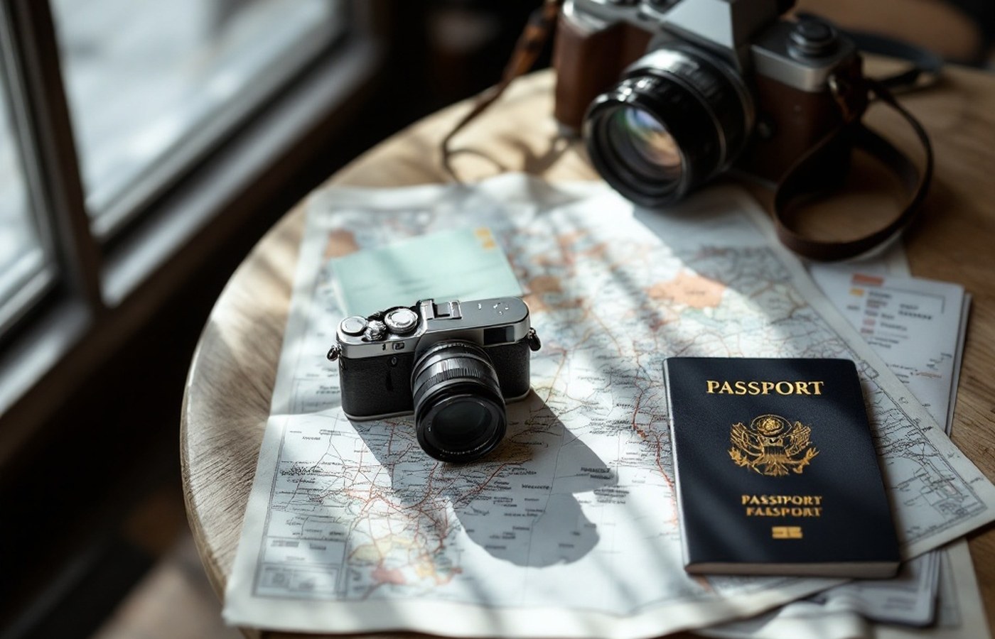 Compact camera on a map with passport and boarding pass