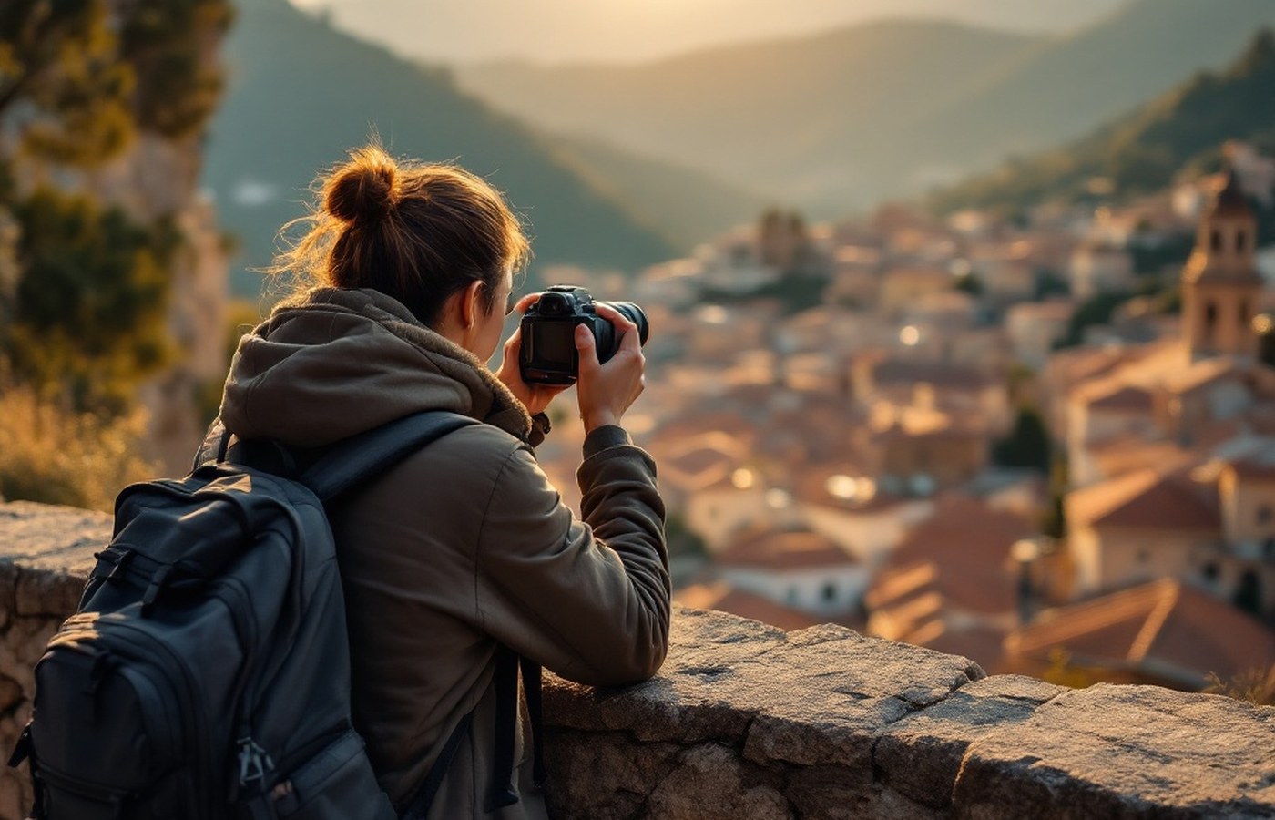 Traveler photographing a hillside village with a compact camera