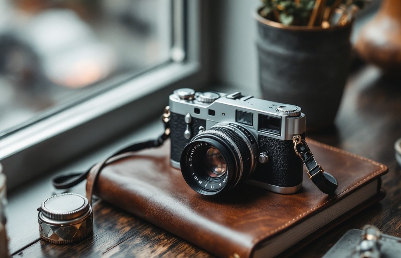 Classic rangefinder camera in soft window light