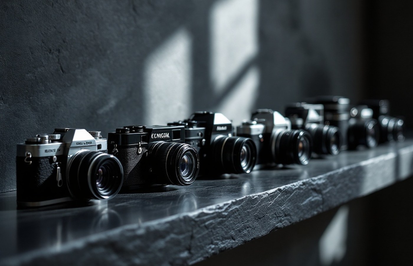 A lineage of cameras from different manufacturers on a shelf