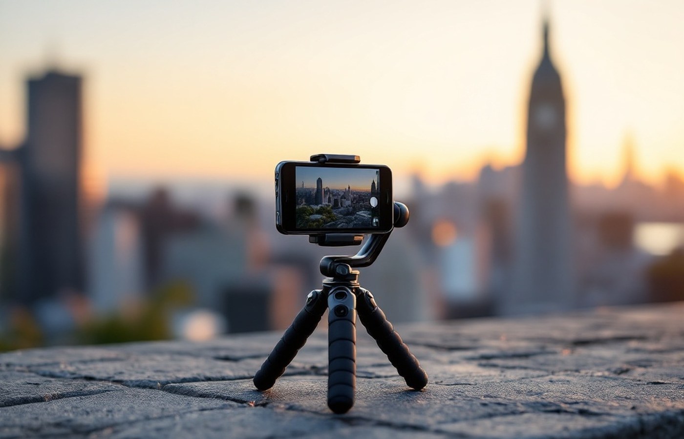Mini tripod holding a smartphone on a ledge at sunset