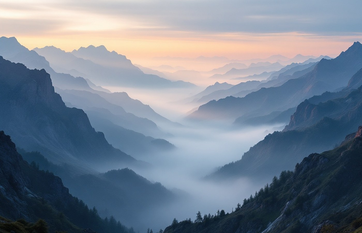 Mountain valley at sunrise with low fog