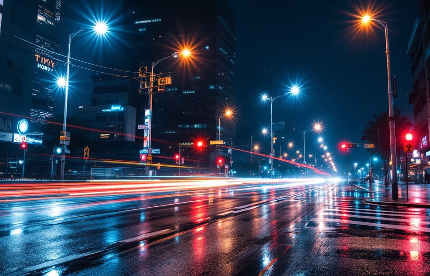 Night intersection with light trails on wet asphalt