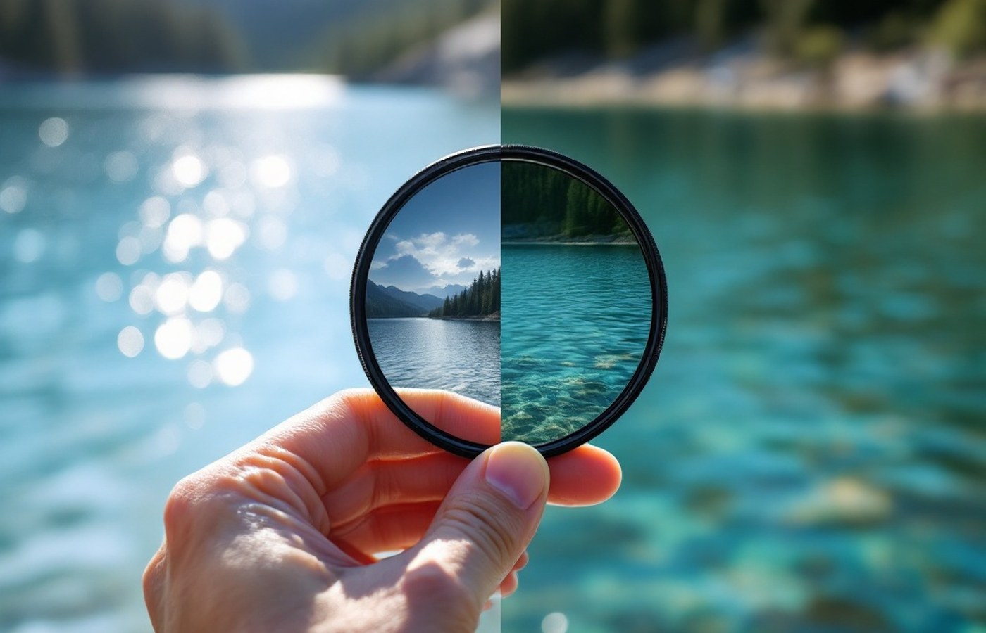 Rotating a polarizing filter over a lake scene