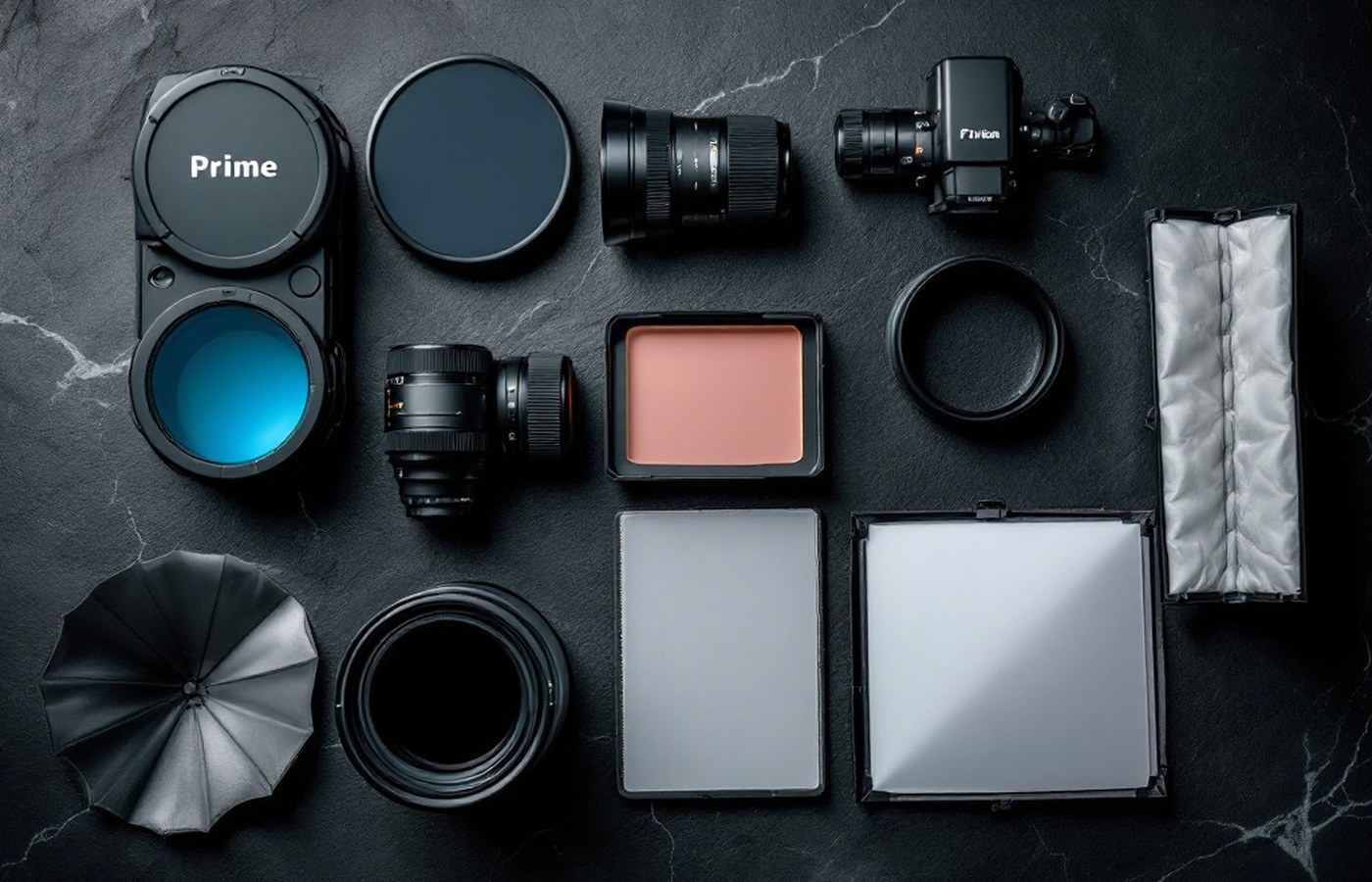 Lens, filter, flash and reflector arranged in a neat grid