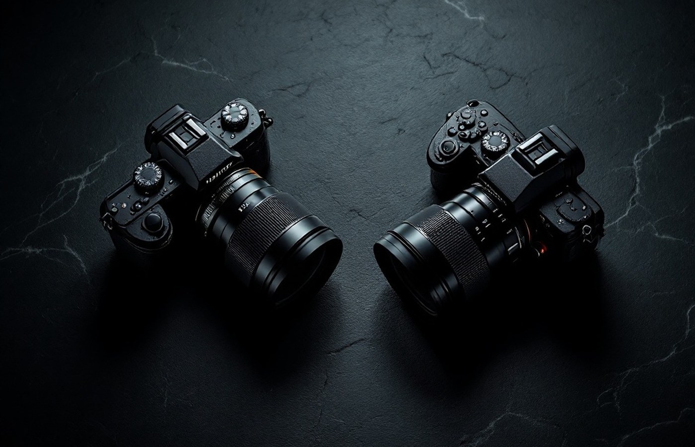 Two DSLR cameras facing off on a dark surface