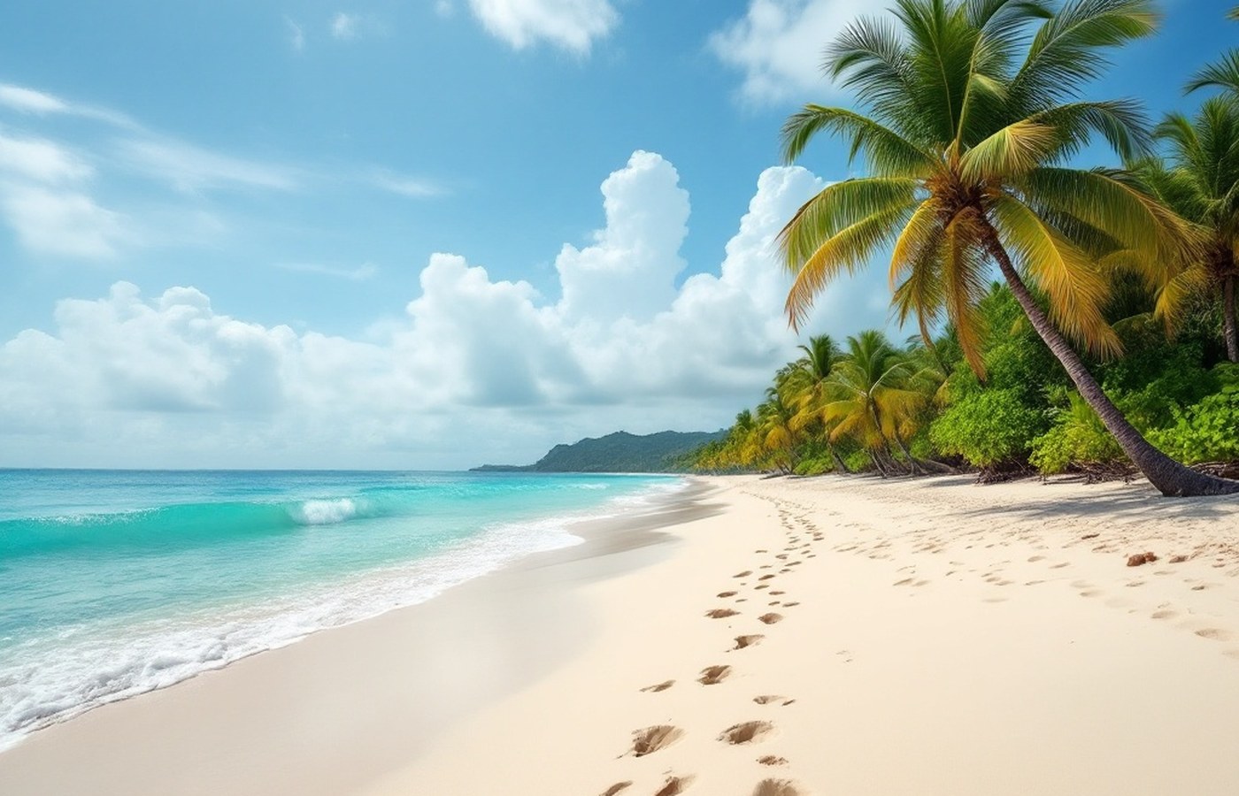 White sand beach with palms and turquoise waves